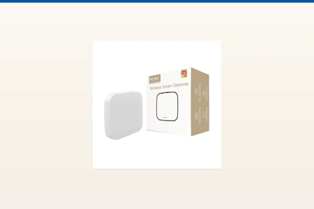 zigbee gateway — MOES official product with illustrative smart home background (not a real site photo)