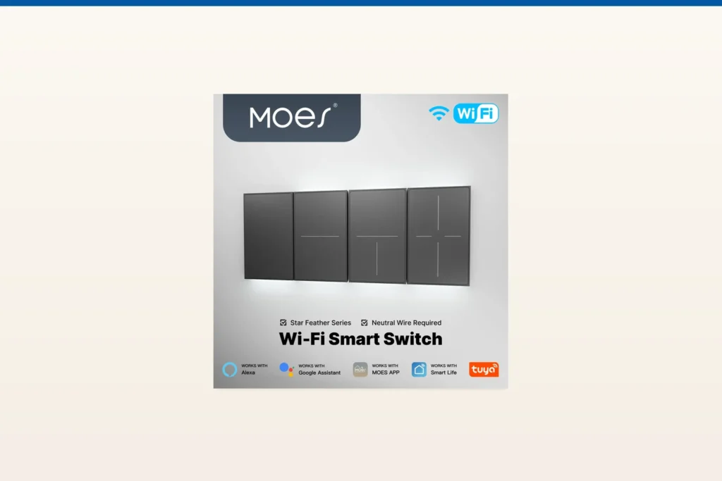 zigbee smart switch — MOES official product with illustrative background (not a real site photo)